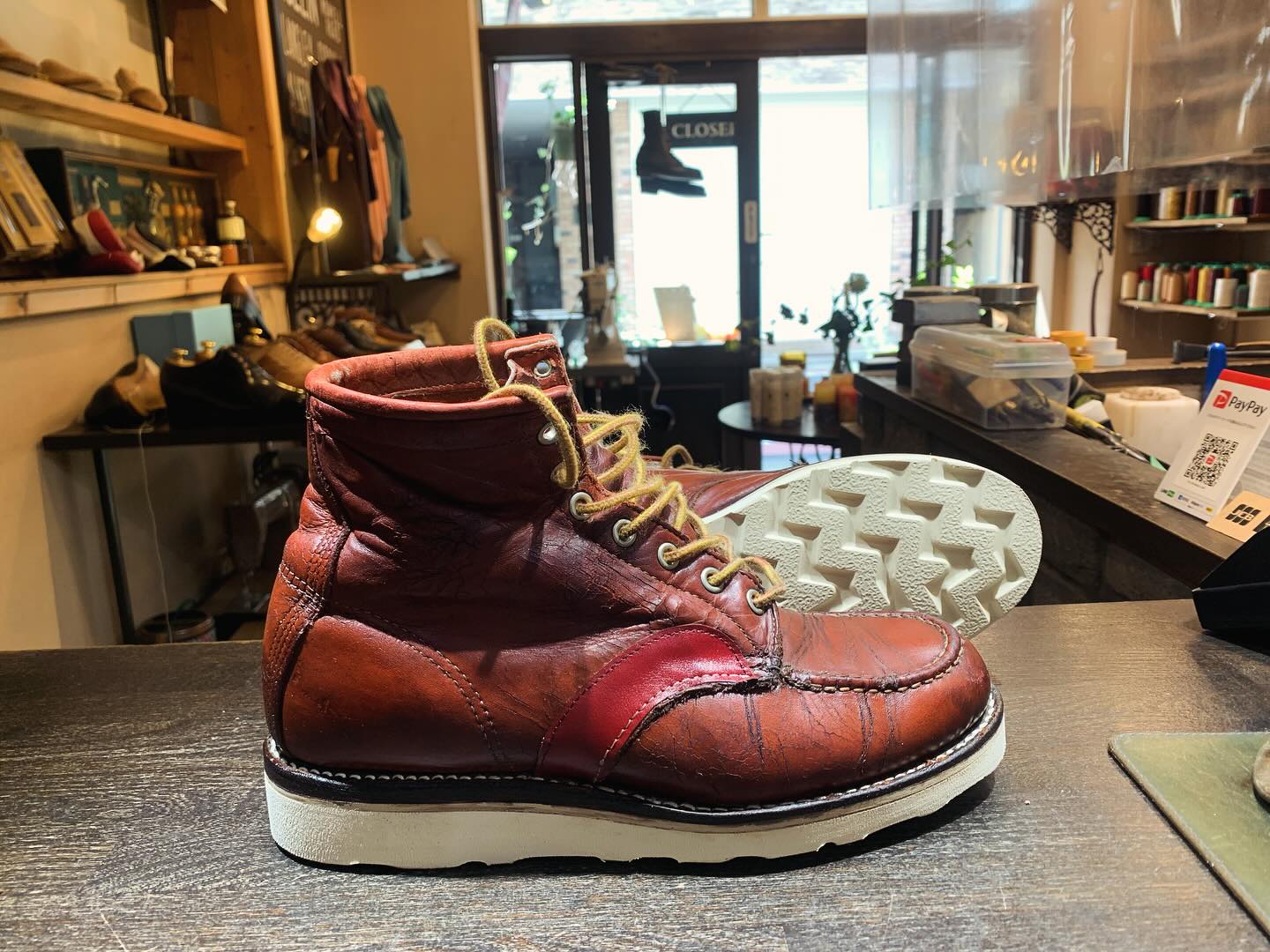 天草製作所 - Chippewaワークブーツ ソール交換とチャールズパッチ修理 