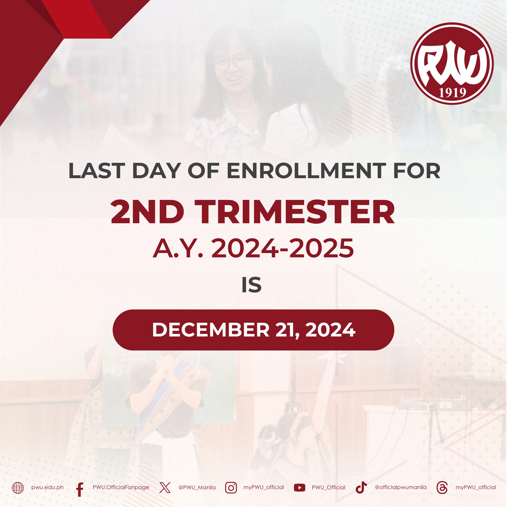 📣 𝗔𝗧𝗧𝗘𝗡𝗧𝗜𝗢𝗡: 𝗟𝗮𝘀𝘁... - Philippine Women's University - PWU | Facebook