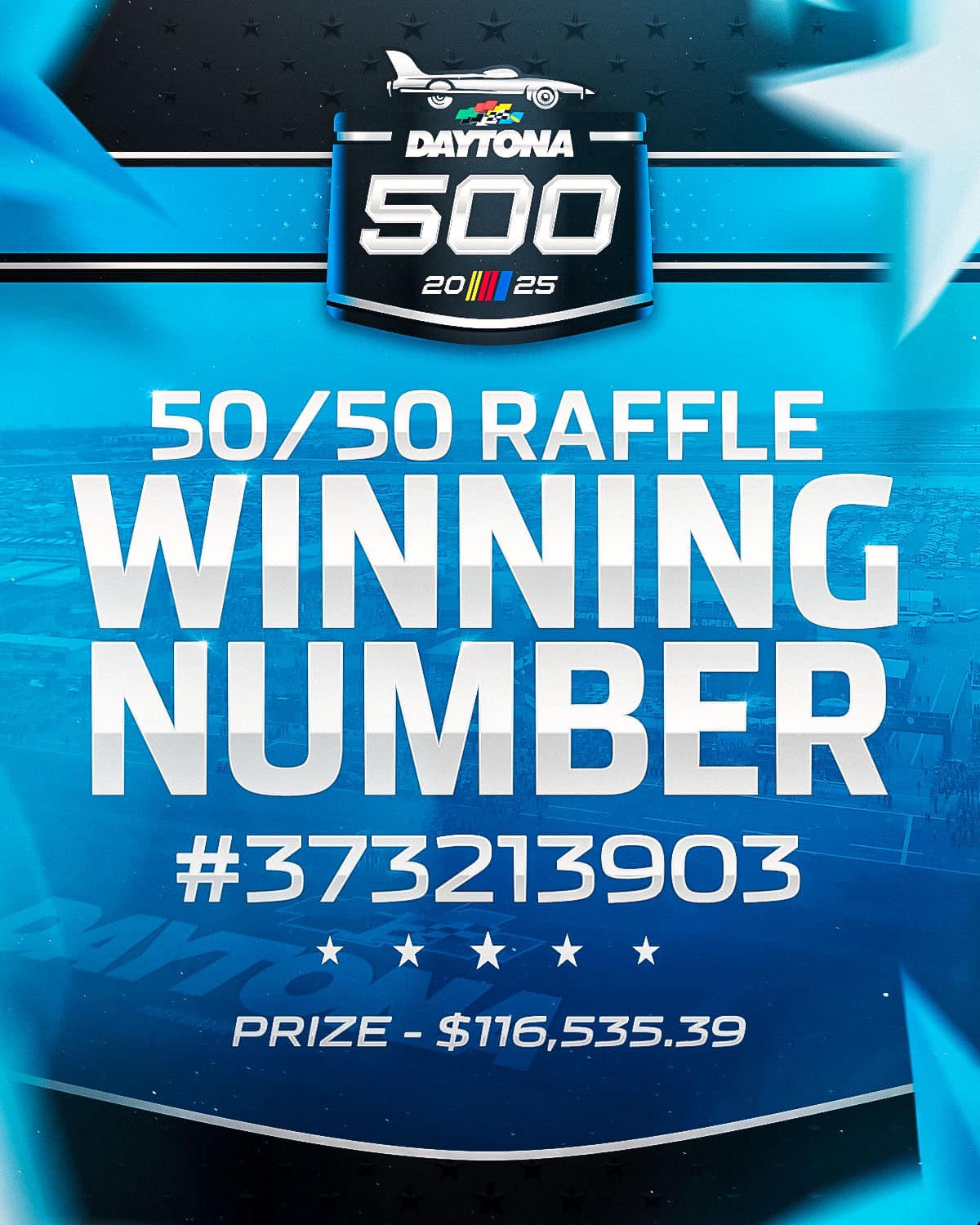 2025 #DAYTONA500 50/50 Winning Number is #373213903. To claim a