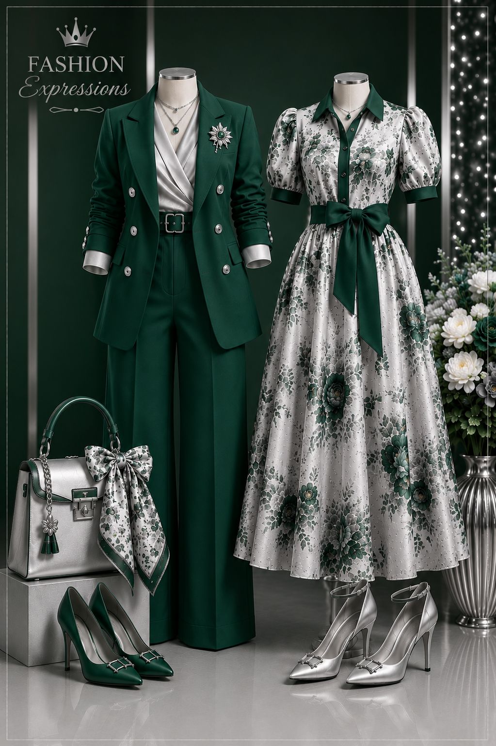 silver and emerald green dress — a combination that speaks of confidence, elegance, and timeless sophistication. 💚🤍✨ The richness of emerald green paired with the brilliance of silver creates a look that is green and silver