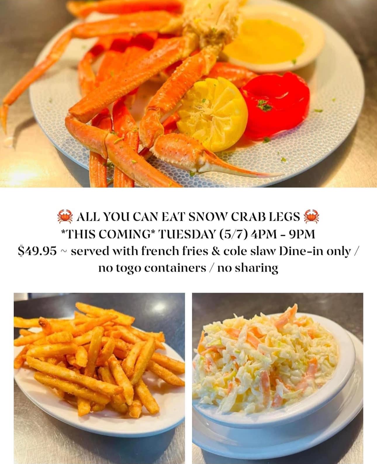 Carriage Inn - 🚨 ALL YOU CAN EAT CRAB LEGS 🦀 TODAY 🚨 ALL... | Facebook