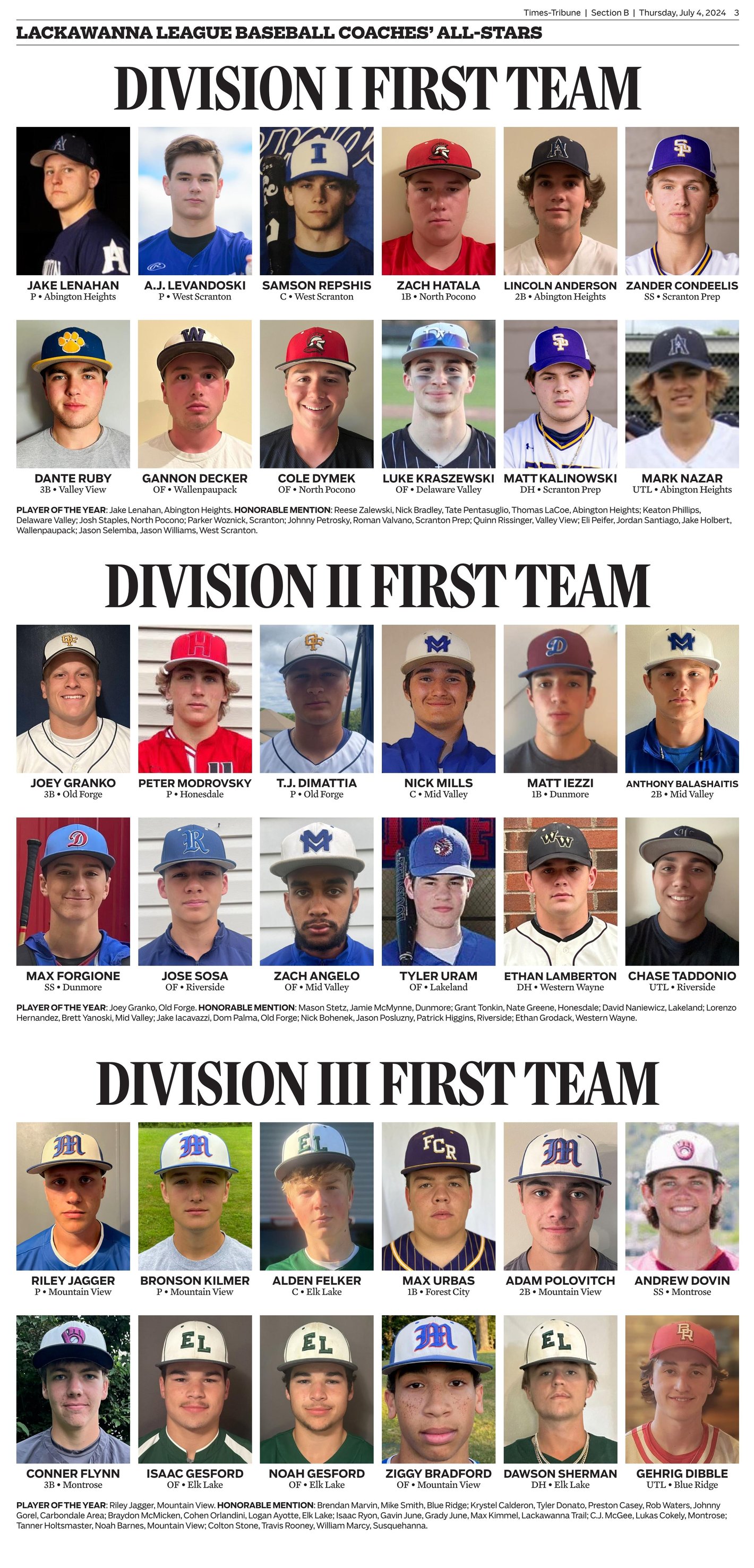 Valley - Lackawanna Division 1 Baseball All-Stars First Team: Dante ...