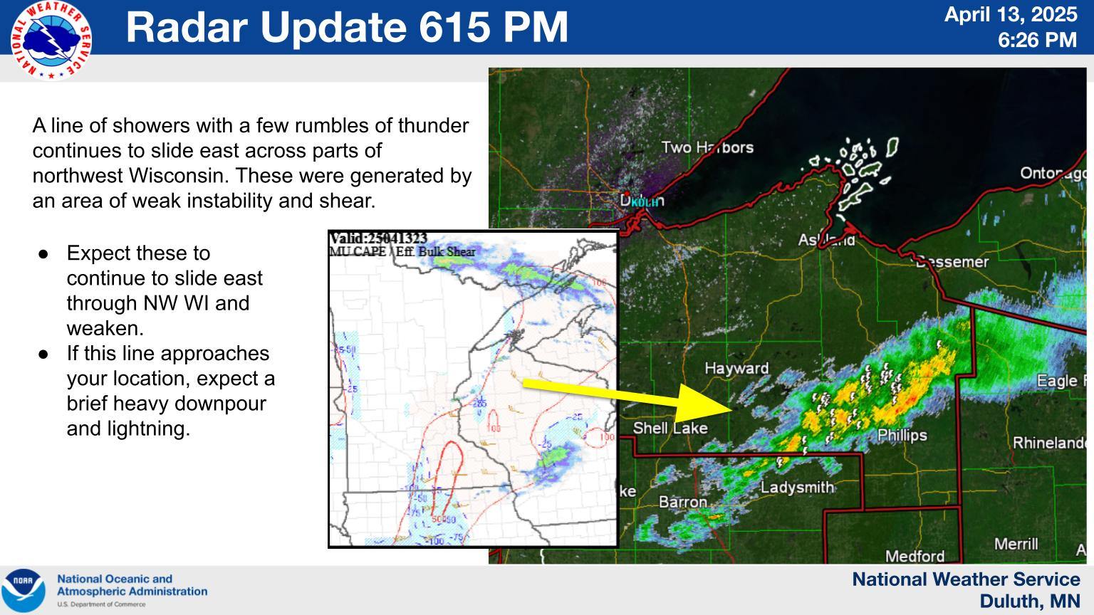 US - A line of showers with a few rumbles of thunder continues to slide ...