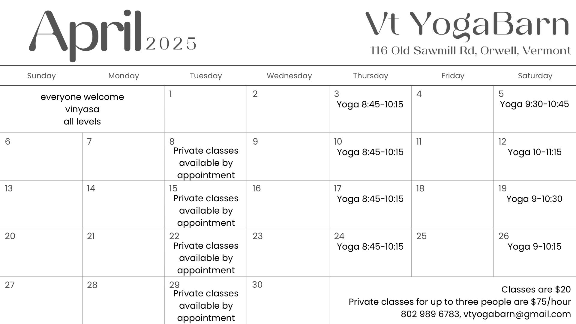 Vt - Plan ahead! April schedule is now available. Also: Lisa is subbing ...