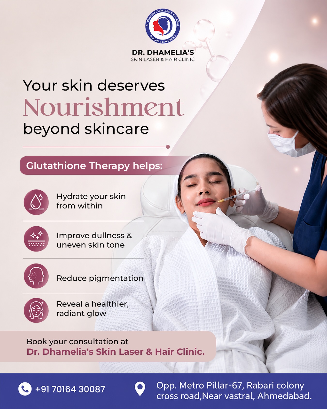 glutathione advertisement therapy for skin hydration and pigmentation treatment at Dr. Dhamelia's Skin Clinic in Ahmedabad SKTR2 Savon Glutathione +Collagen Extract Color:Ocean