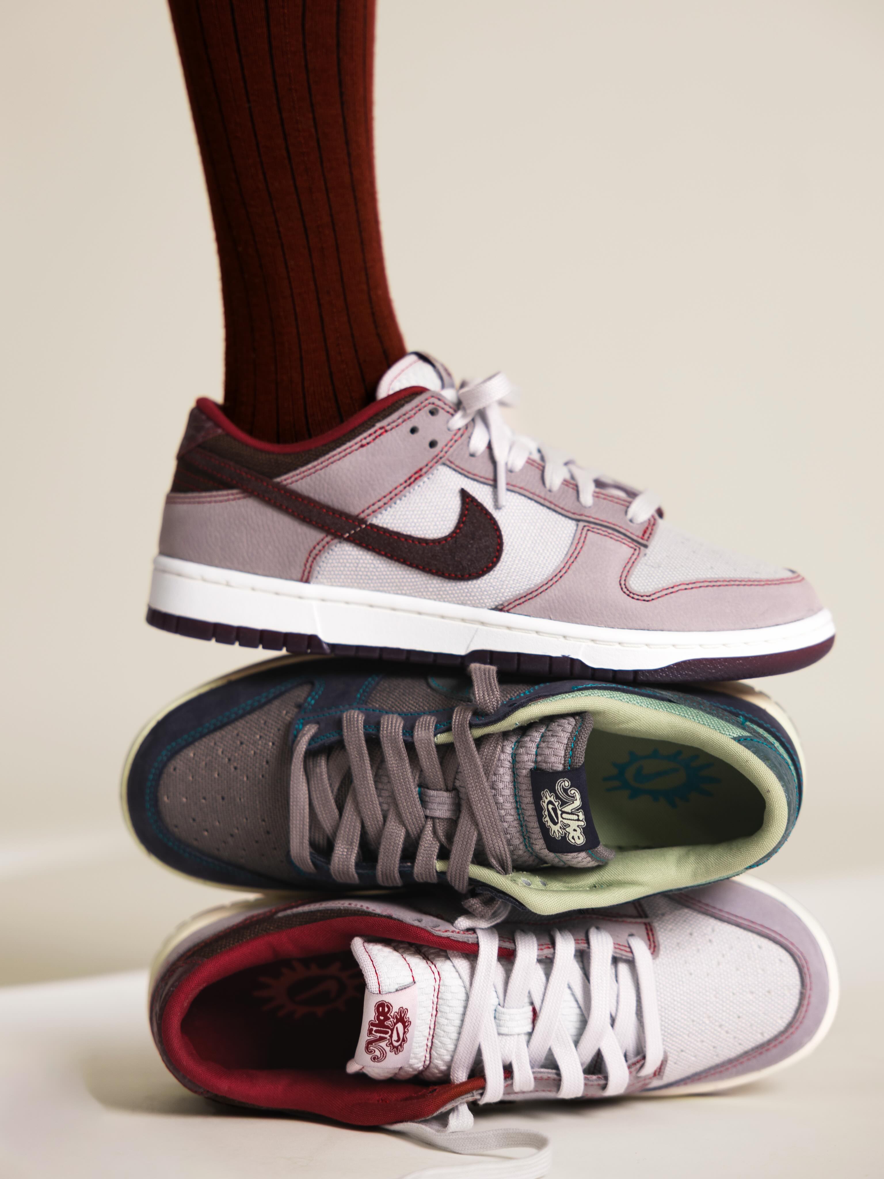 Red corner. Blue corner. Two SPORT takes on the Nike Dunk Low 