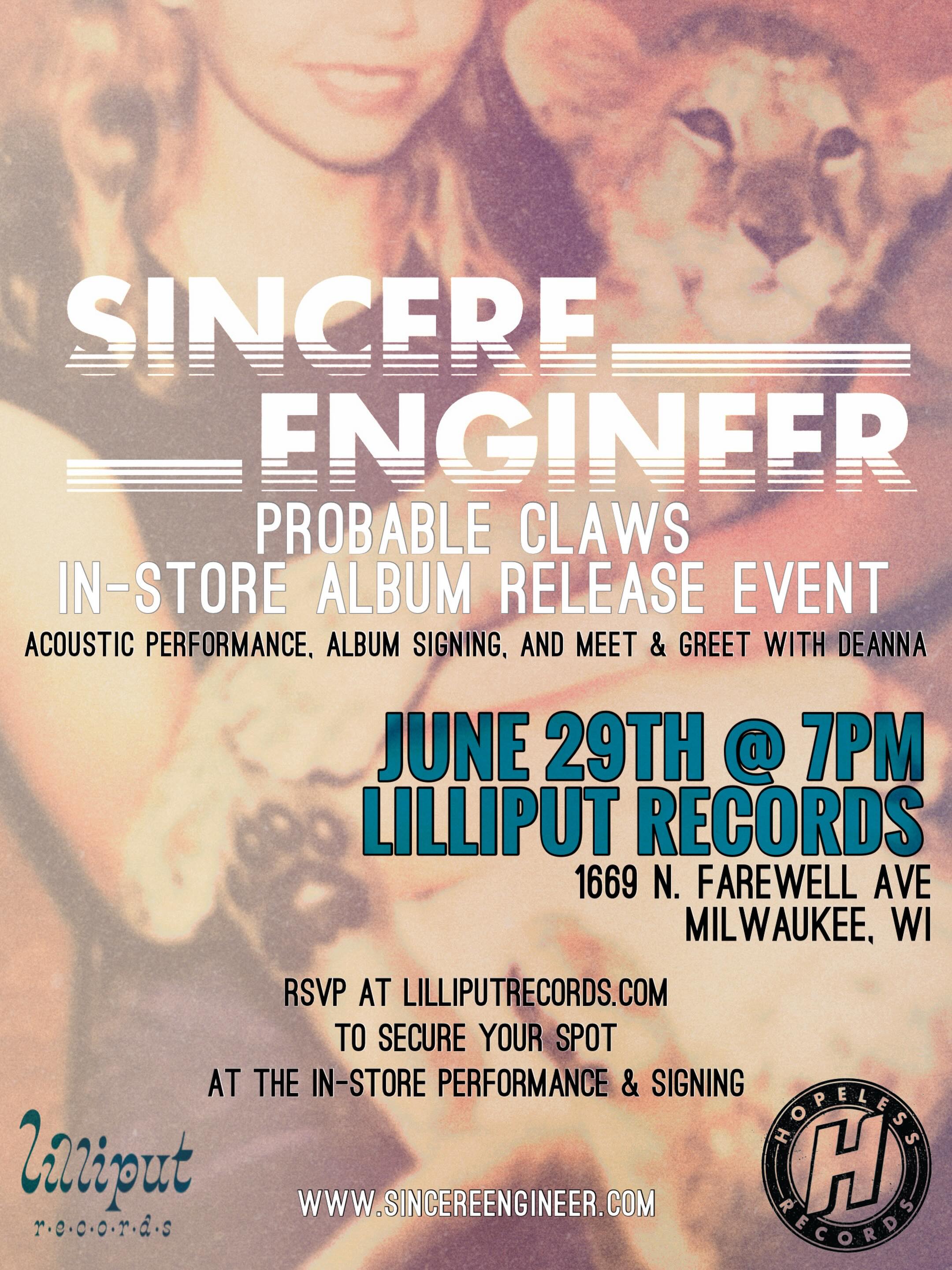 Sincere Engineer acoustic set and album signing at Lilliput Records