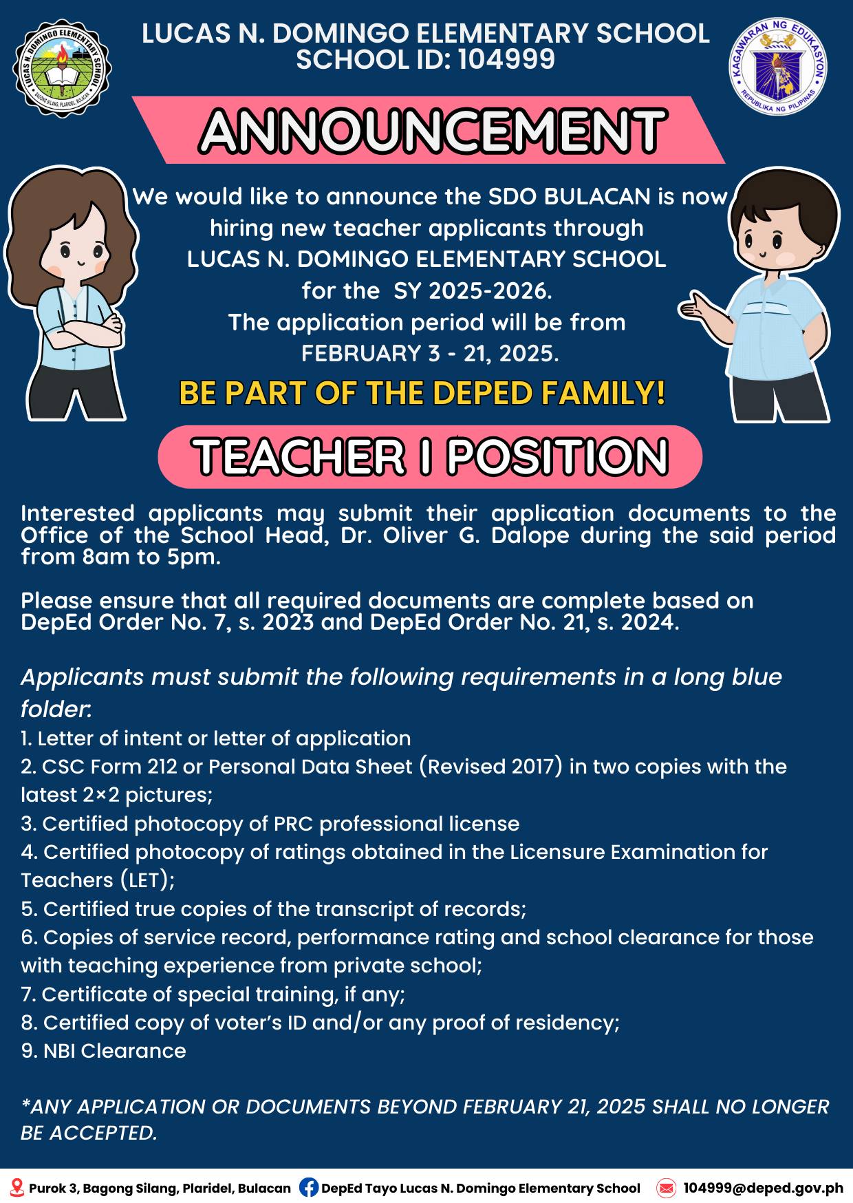 DepEd - Dearest Teacher Applicants: We would like to announce the SDO ...