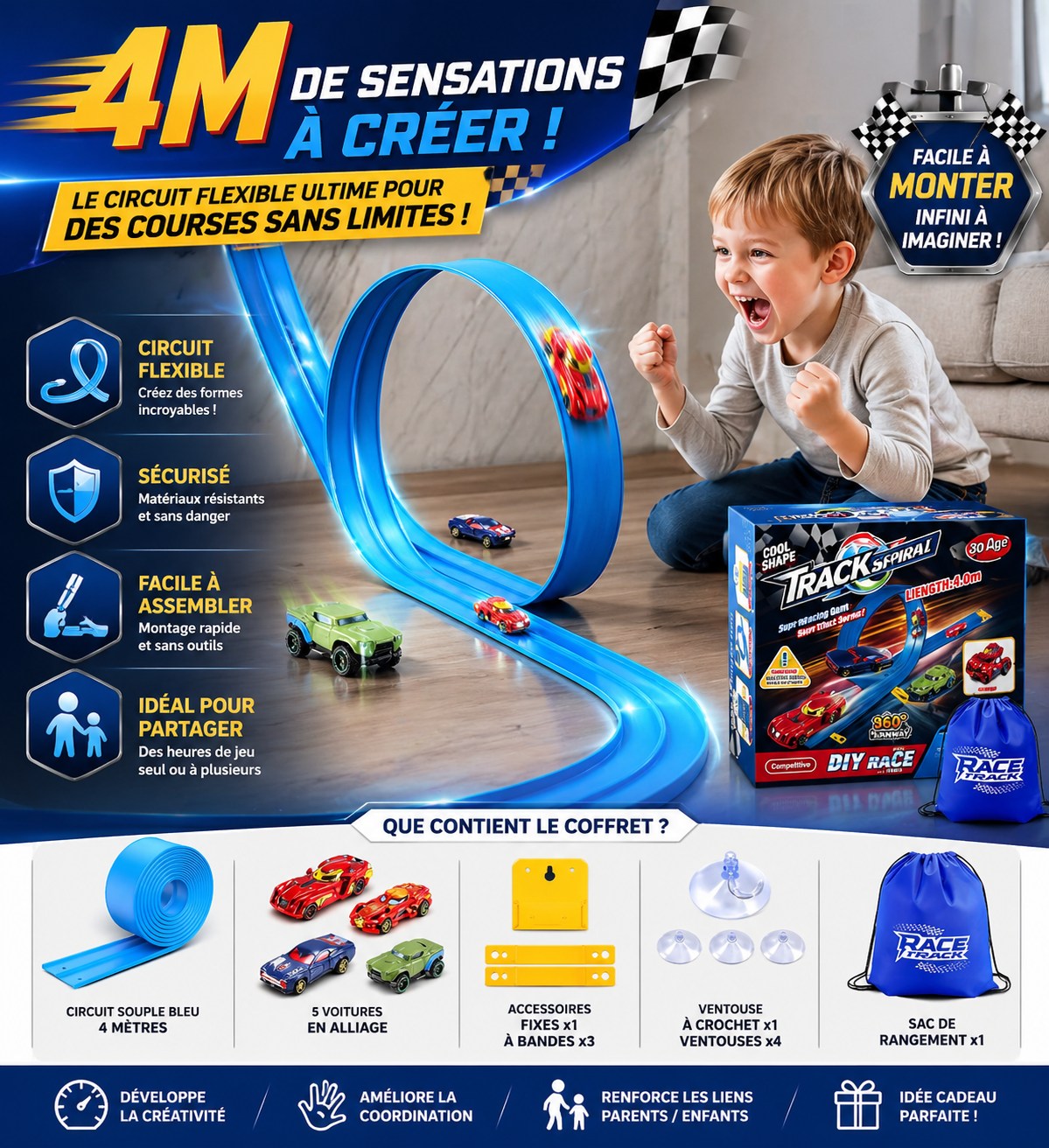Circuit Flexible 4 Mètres – 5 Voitures, 5 Ventouses, Sac De Rangement – Jouet éducatif STEM Dès 3 Ans