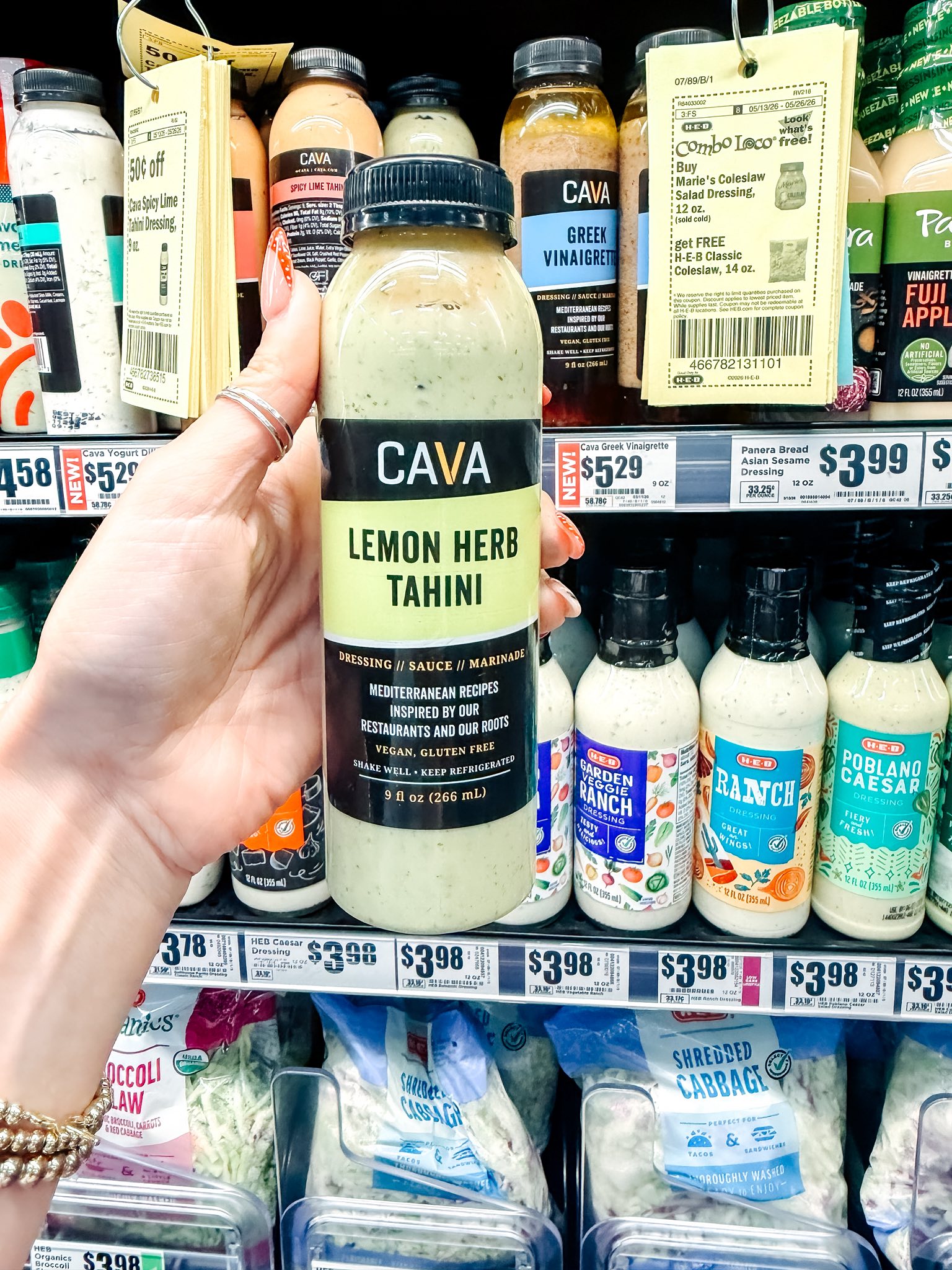 green dressing at cava I found dressings H-E-B 😍🥗✨ Their Greek vinaigrette is SO good! It's honestly one of those dressings that makes everything taste like a restaurant salad at home 😭💛 #HEBFinds #CAVA # cava sauces list