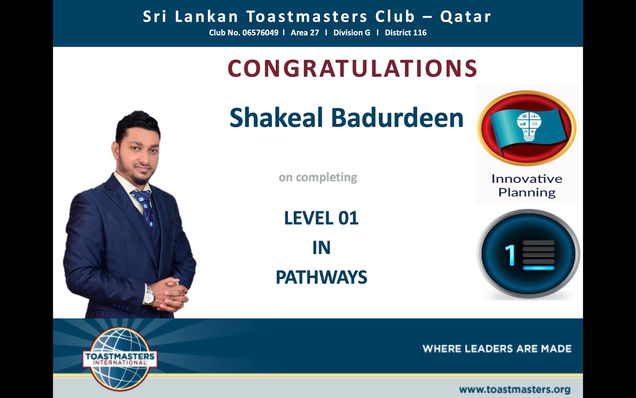 Sri Lankan Toastmasters Club - Qatar - Congratulations Shakeal ...