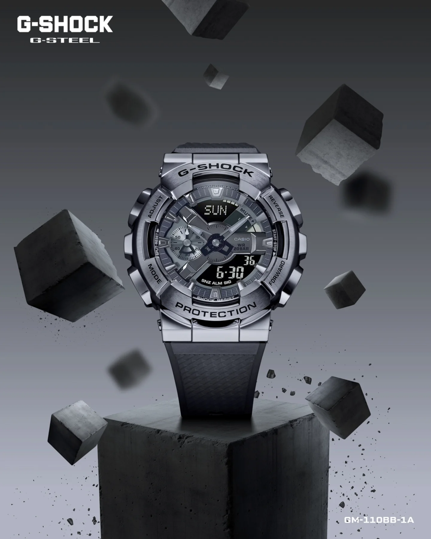 The G-SHOCK GM-110BB showcases a rugged metal bezel and an 