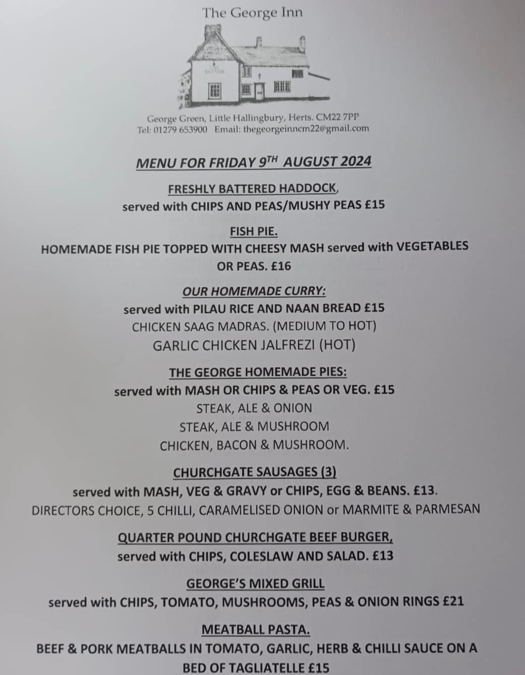 The menu for Friday... - The George Inn Little Hallingbury