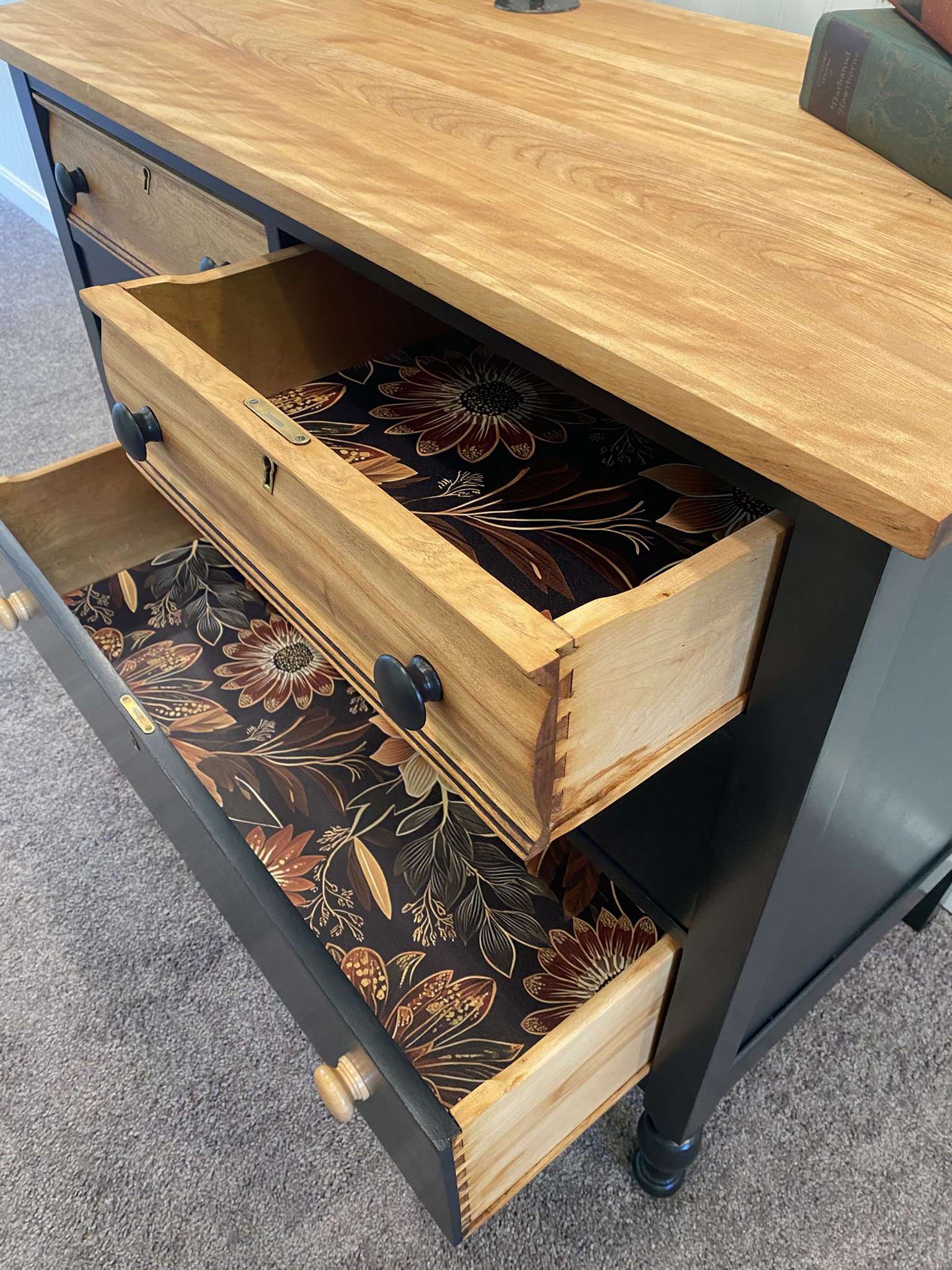 black dresser with natural wood top Refurbished and drawers Noughts & Kisses beaded Dress Length:Mini Size:29W | 30-32L and the dresser is