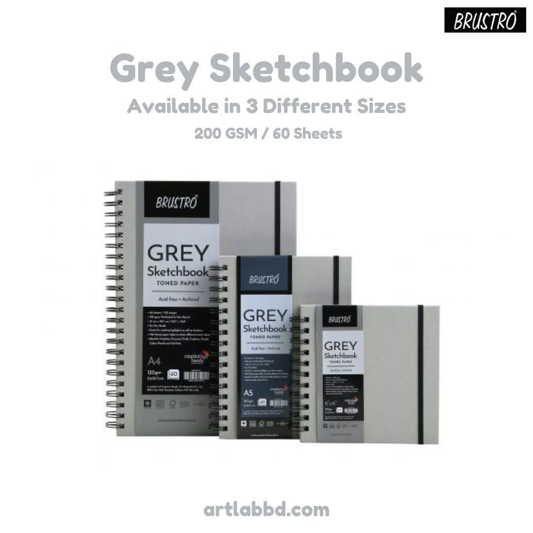 BRUSTRO Grey Sketchbook – A4, 120 GSM, 60 Sheets, Spiral Bound For Dry Media Art