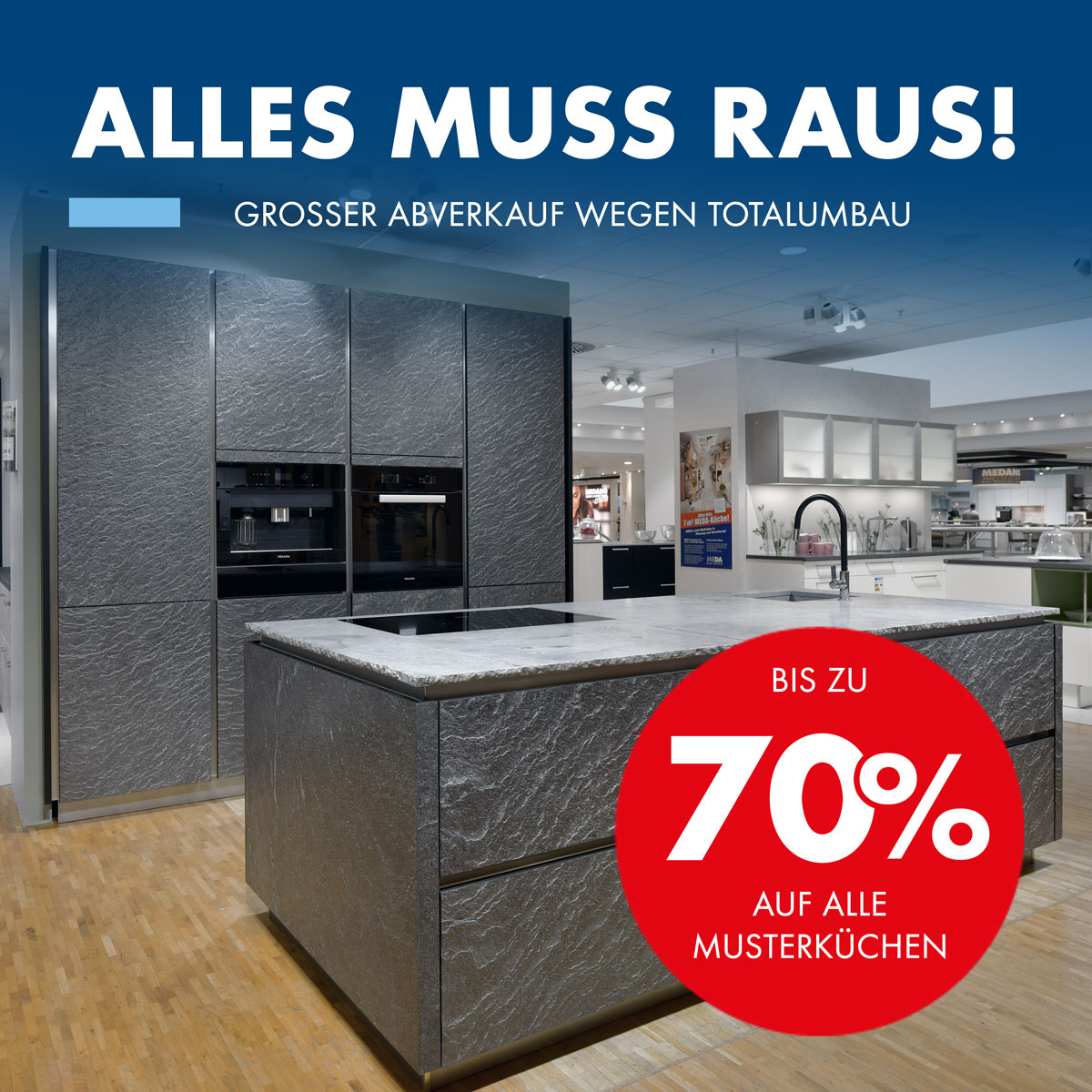 AUSSTELLUNGSKÜCHEN ABVERKAUF WEGEN TOTALUMBAU Du suchst nach einer hochwertigen Küche zu einem unschlagbaren Preis? Dann komm jetzt zu unserem Musterküchen Abverkauf in der MEDA Filiale Köln-Marsdorf