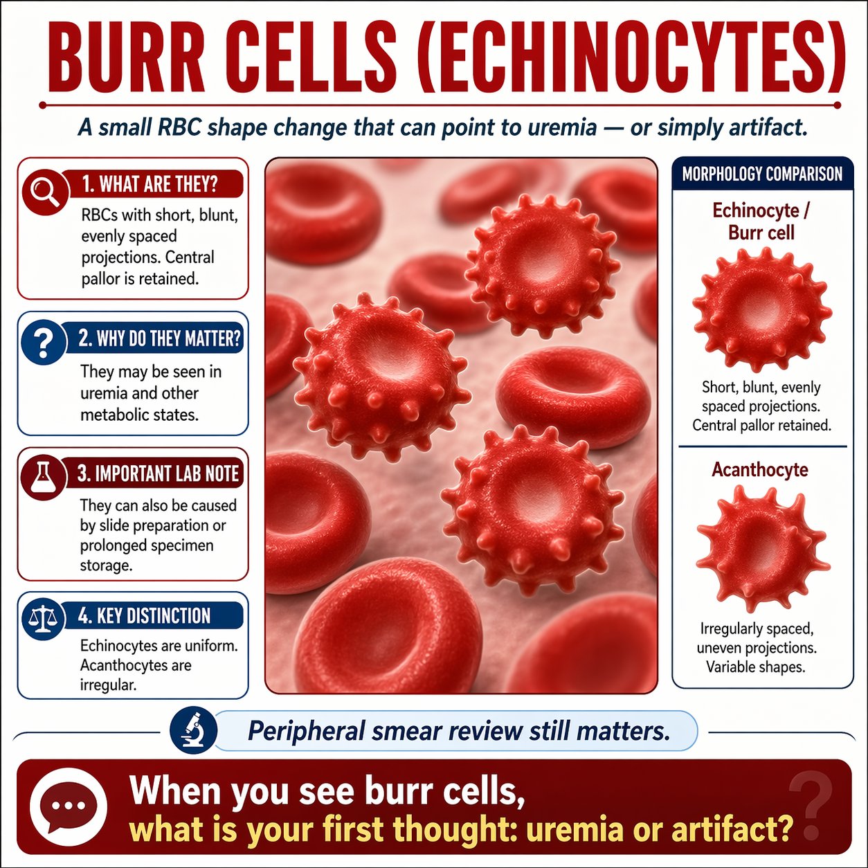 🩸 What if those tiny, evenly spaced spikes on a red blood cell are not just an artifact… but a clue to kidney failure or a serious metabolic problem? Think: BURR CELLS (