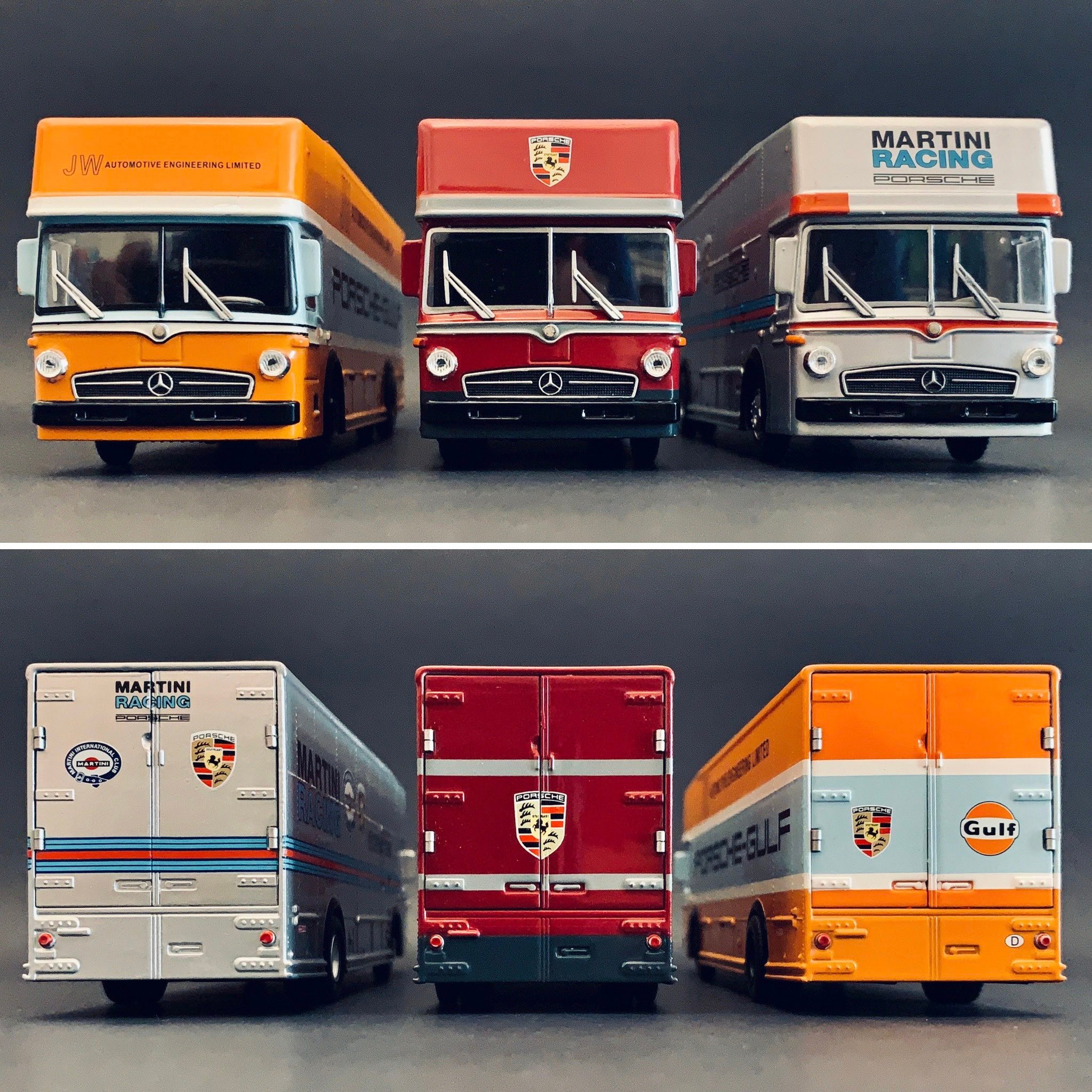 Schuco Mercedes-Benz racing transporters and Spark Porsche 917K's