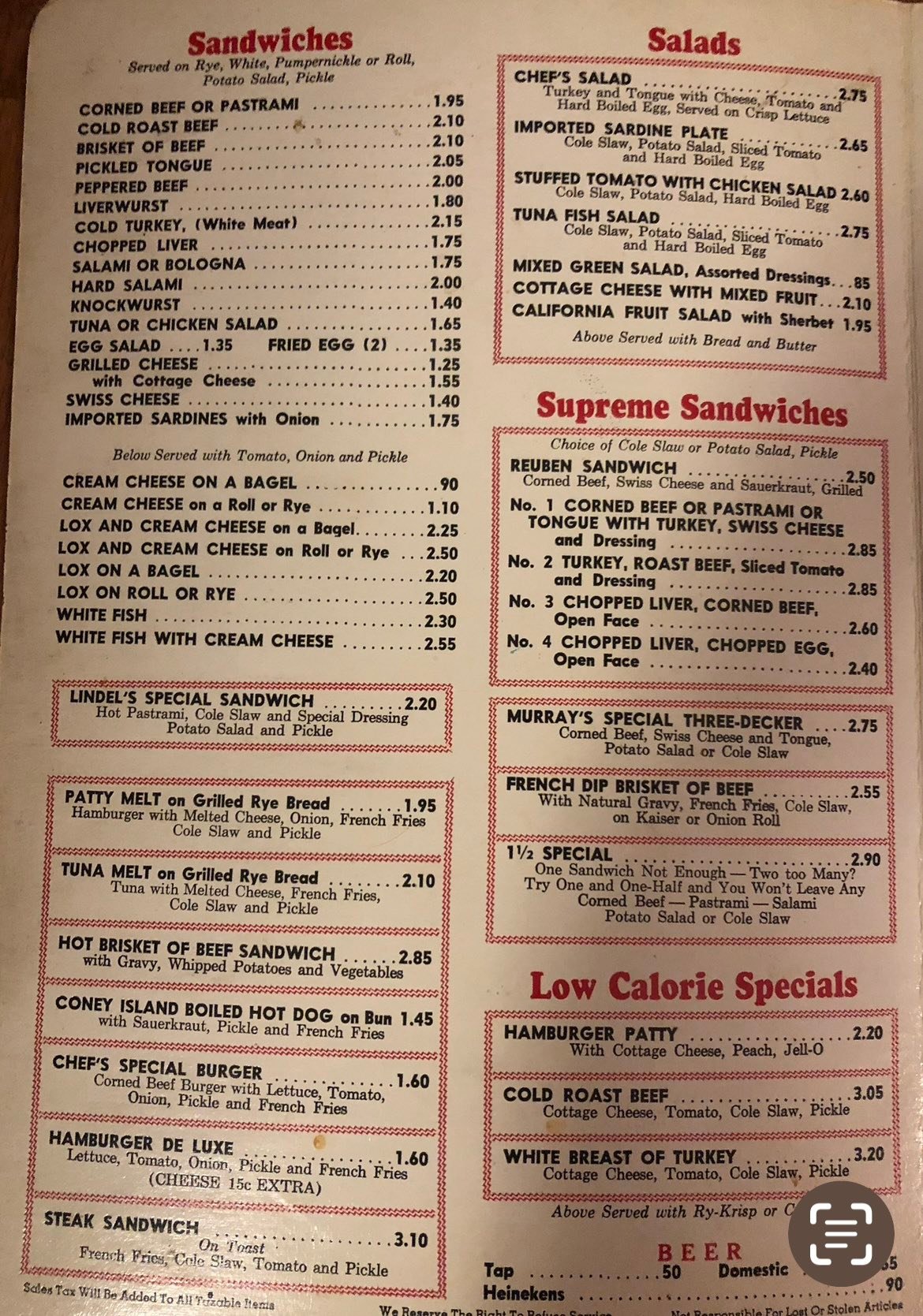vintage deli menu prices
