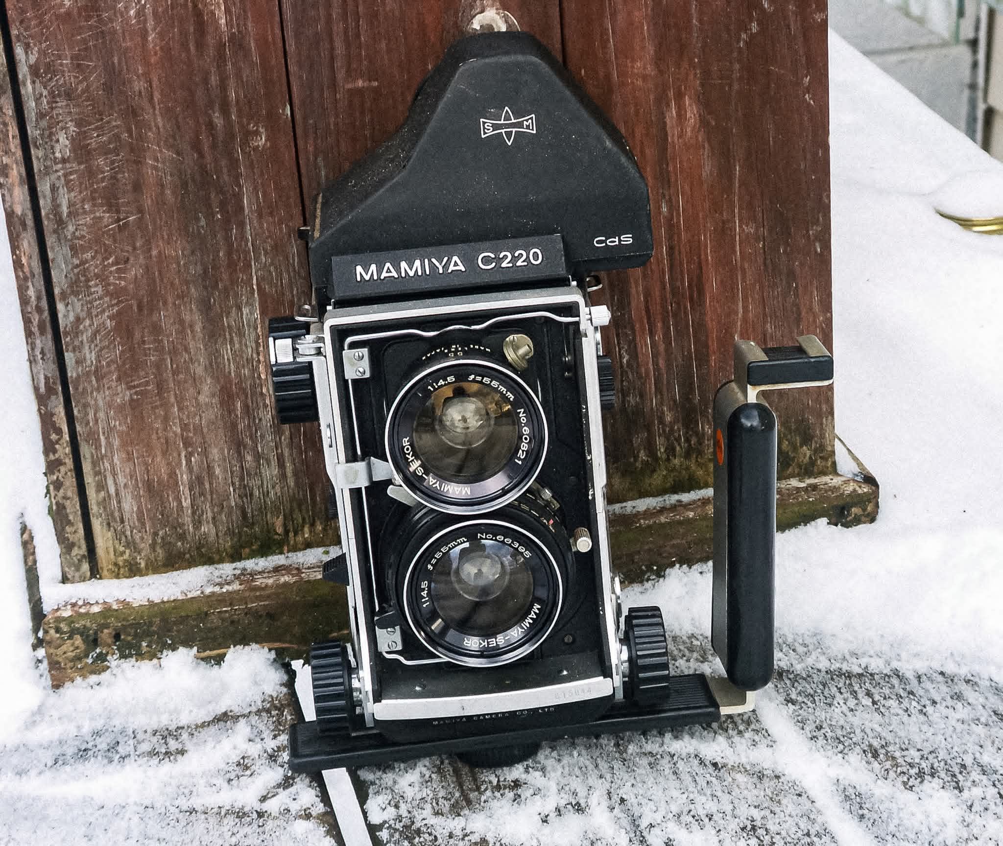 Mamiya C220 camera with new 55mm lens and porrofinder