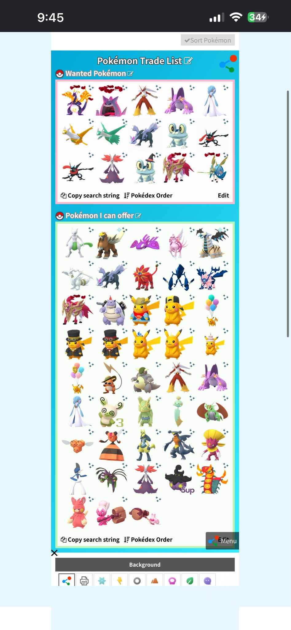 Various Pokémon for Mirror Trade including Kyurem, Delphox, and Mewtwo