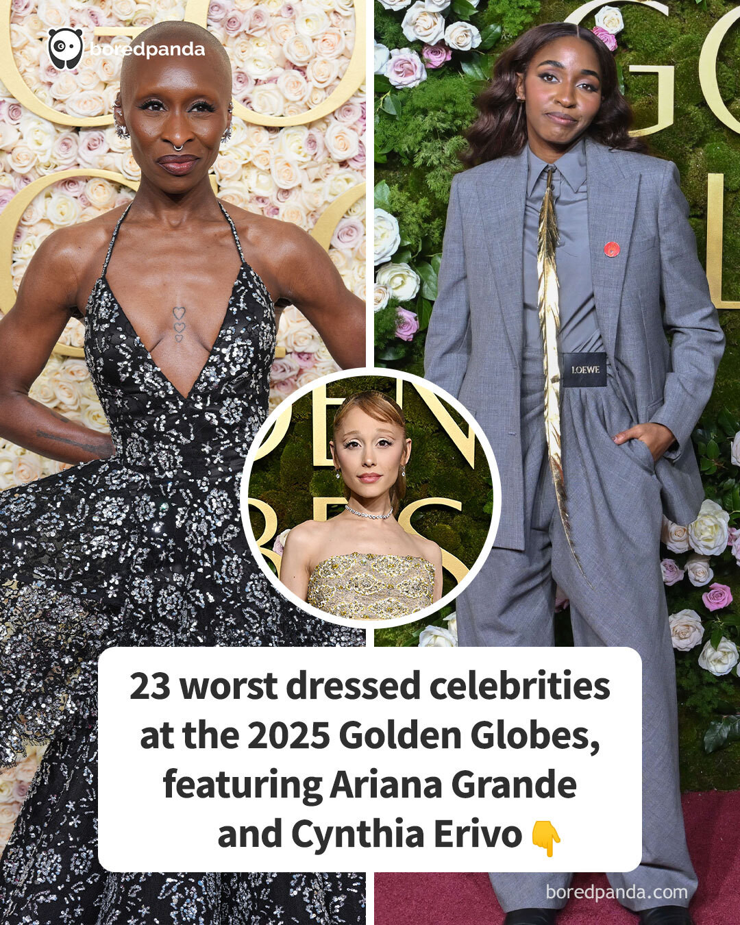 23 worst dressed celebrities at the 2025 Golden Globes, featuring Ariana Grande and Cynthia Erivo (link in the comments)