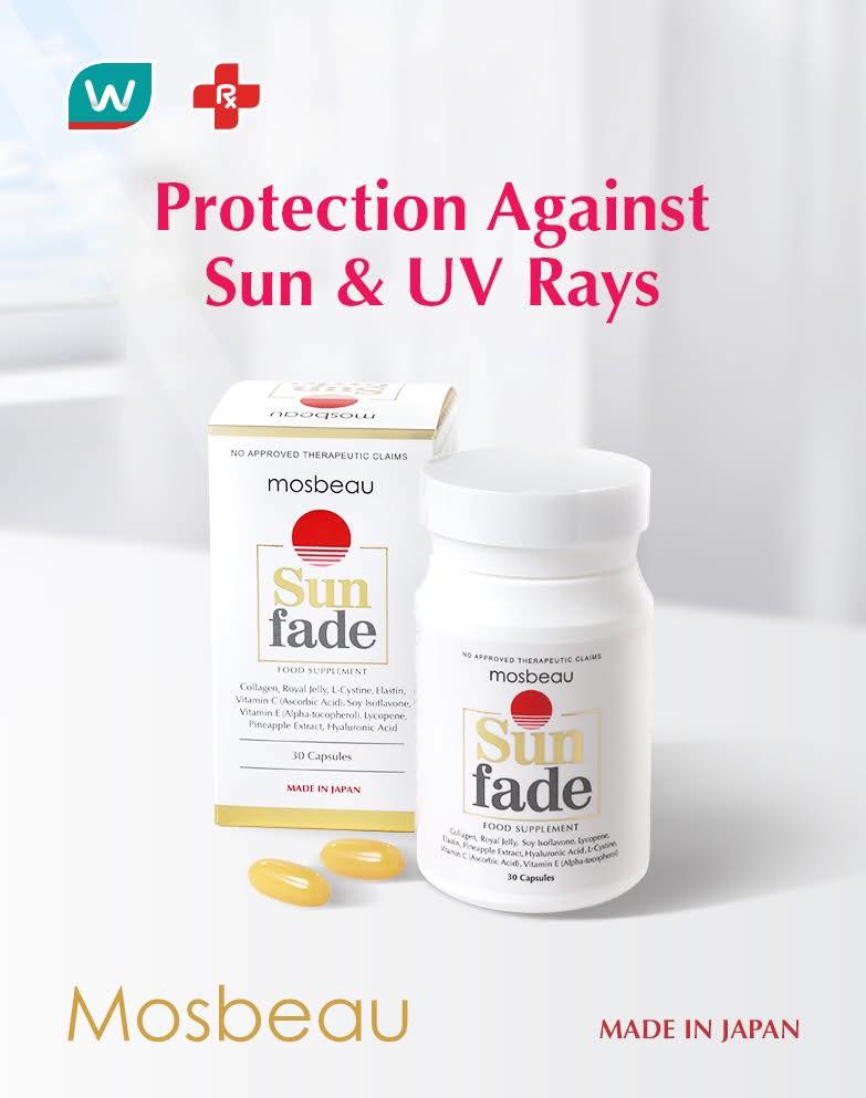 Mosbeau Sunfade is the first MADE IN JAPAN oral sunblock in the Philippines that helps protect the skin from harmful UV Rays. It contains 10 Active Ingredients and 13 anti-oxidants that help
