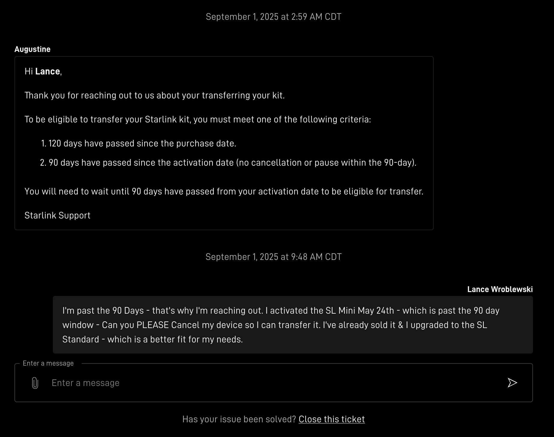 How to transfer Starlink kit after 90 days?