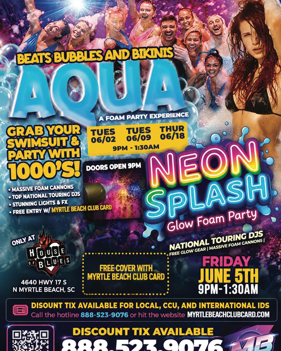 💦 JUST ANNOUNCED💦 Neon Splash Glow Foam Party (17+) comes to HOB Myrtle Beach 6/13! Tickets on sale now👇 https://livemu.sc/4kbhvtP 🎟️