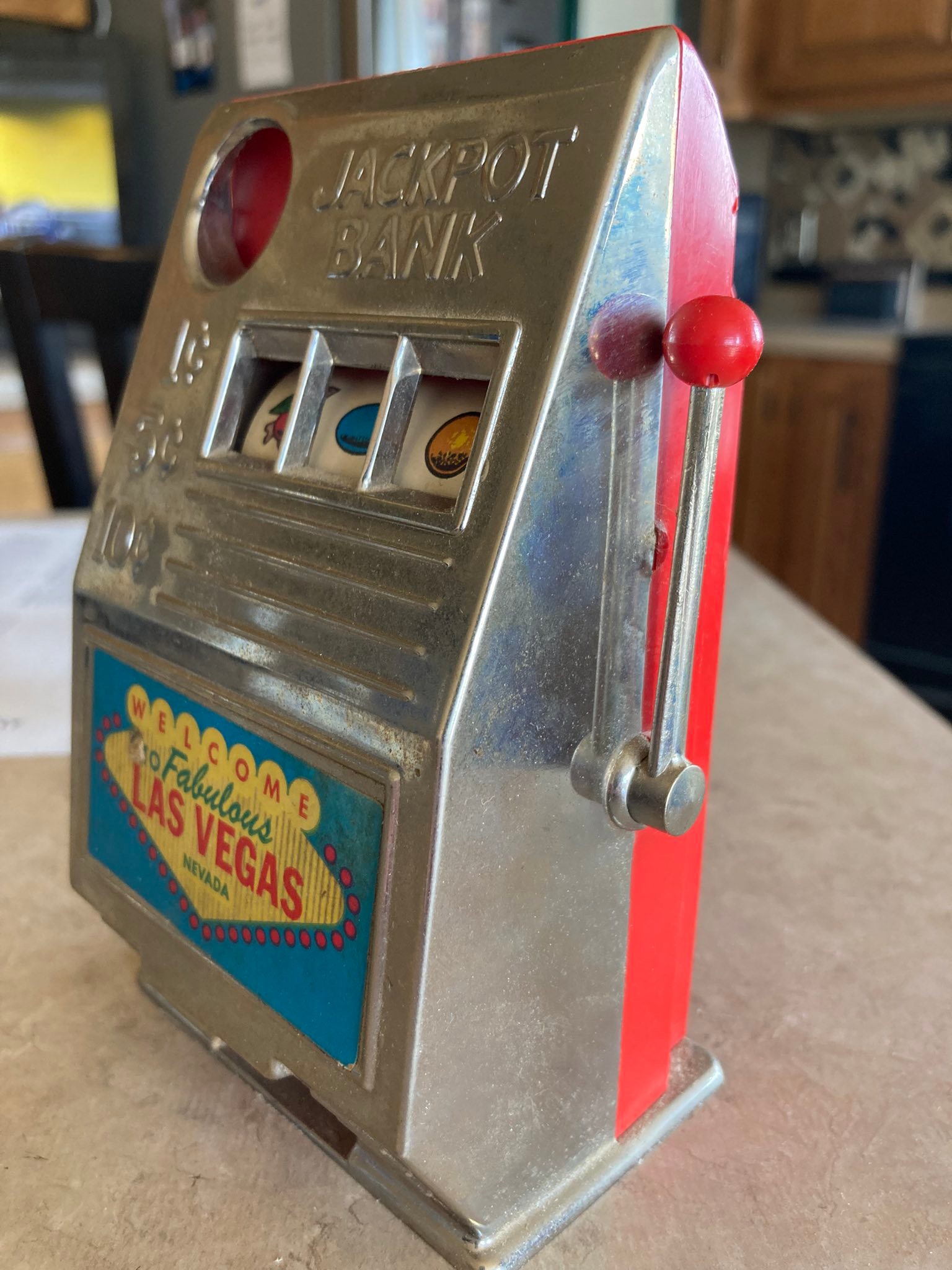 Vintage one-armed bandit piggy bank from Las Vegas