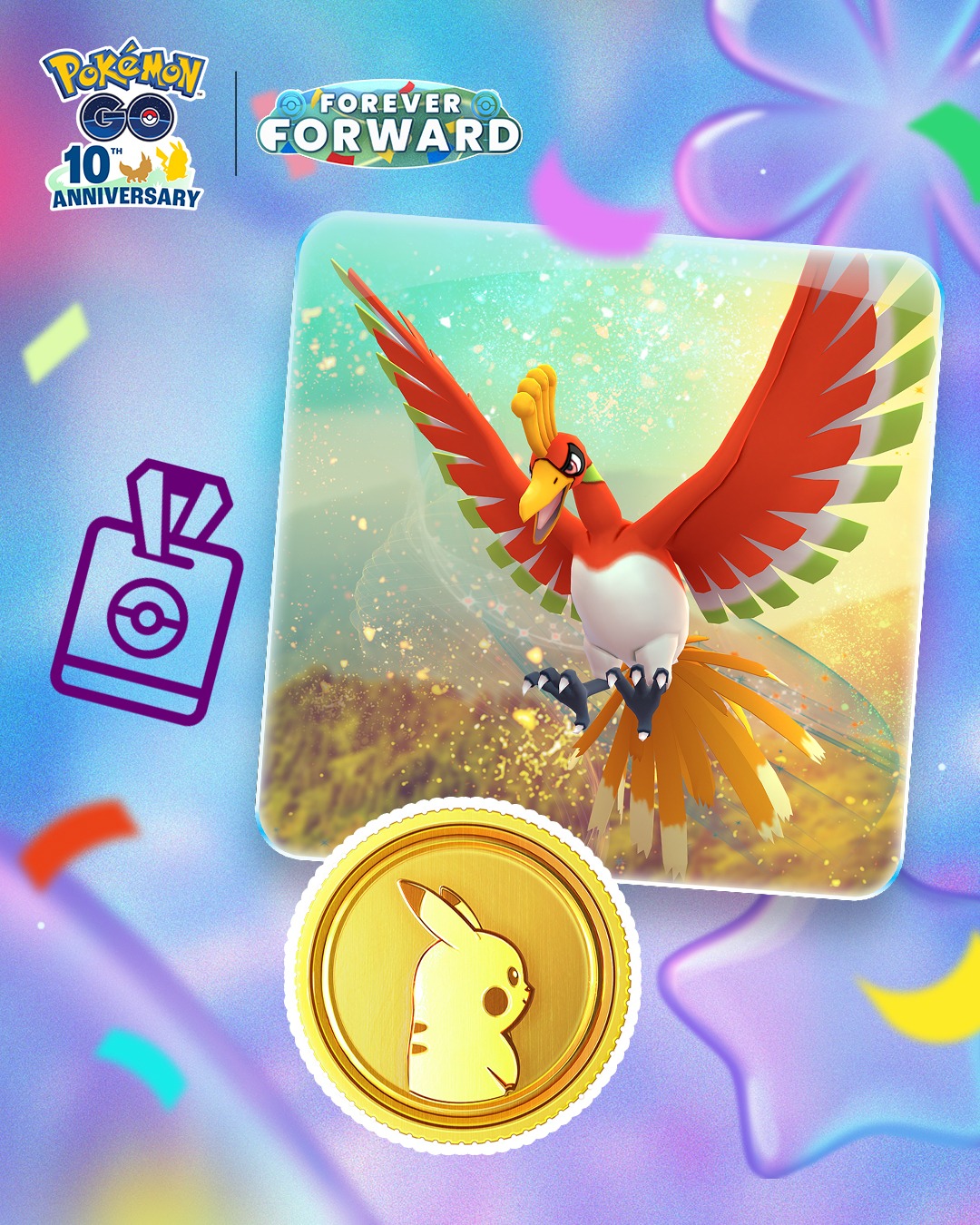 Gimmighoul holding a 10th anniversary coin and Ho-Oh have arrived