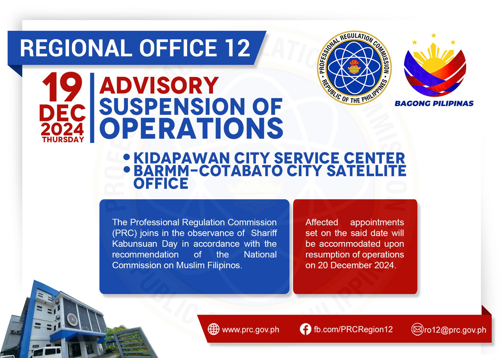 PRC Region XII - ADVISORY SUSPENSION OF OPERATIONS 19...
