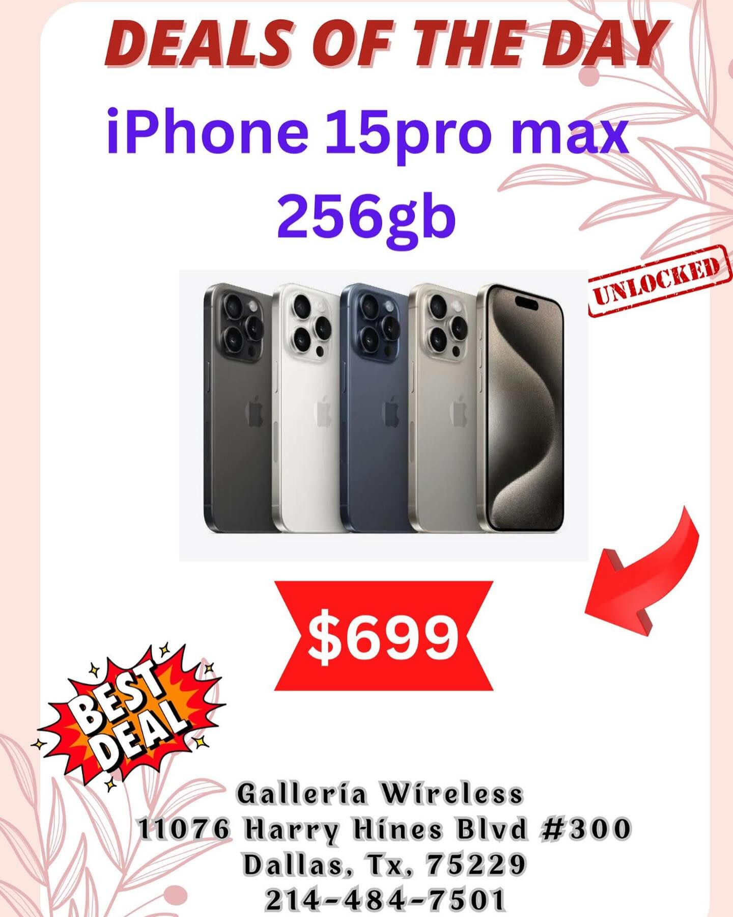 iPhone 15 pro Max 256 Gb Unlocked Clean imei $699 before tax 