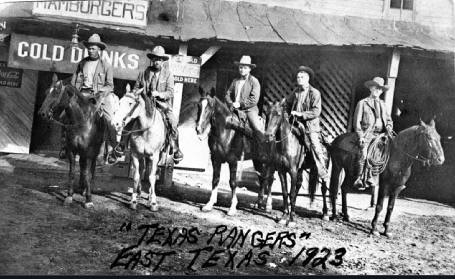 The East - 1923 - five Texas Rangers mounted on horseback in front of a ...