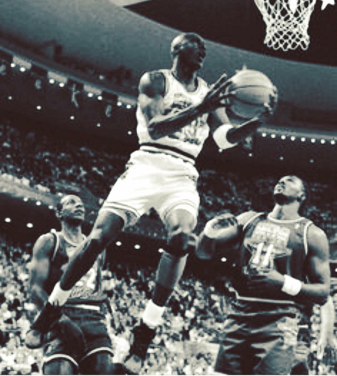 The NBA - MJ's famed reverse layup against Clyde Drexler and Karl ...