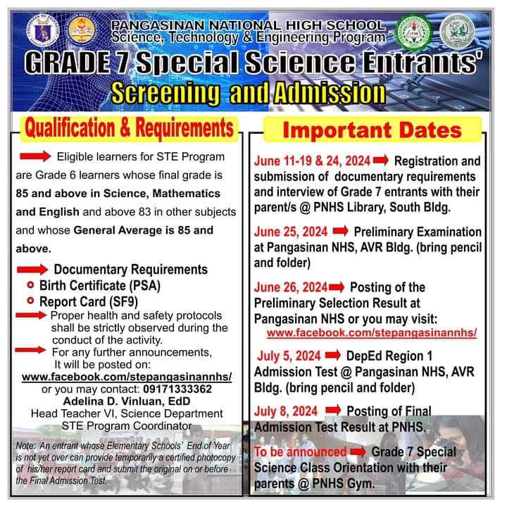 DepEd - 📣Incoming Grade 7 Special Science Entrants for School Year 2024 ...
