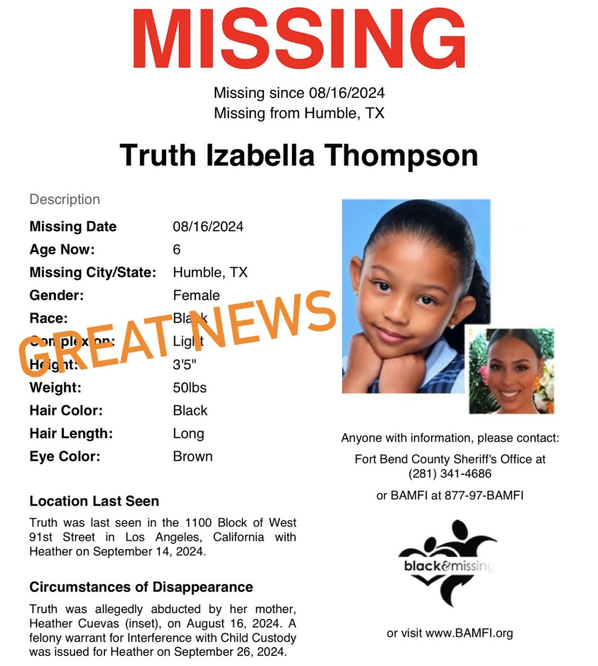 GREAT NEWS: Truth Thompson has... - Black and Missing, Inc. | Facebook