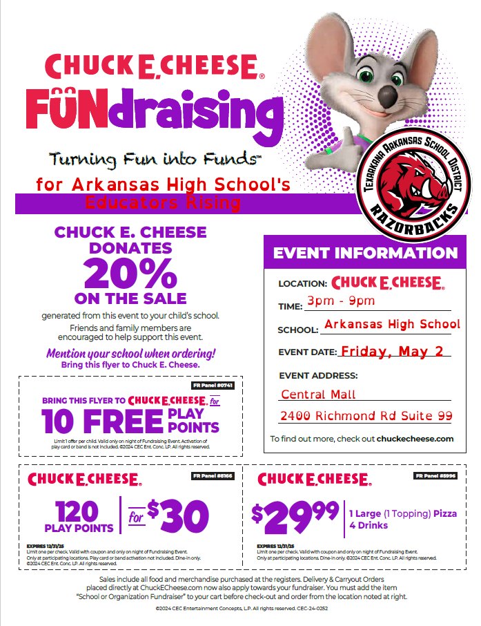 Educators Rising - Arkansas High School - Chuck E. Cheese Fundraiser