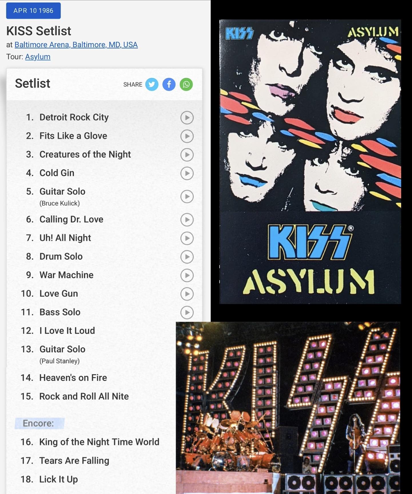 Kiss Asylum tour setlist variation in Baltimore on April 10, 1986