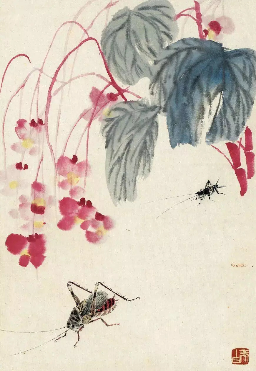 齐白石《虫草册页》 花果草虫，是齐白石的“ 绝活” 。其画法包括工、写