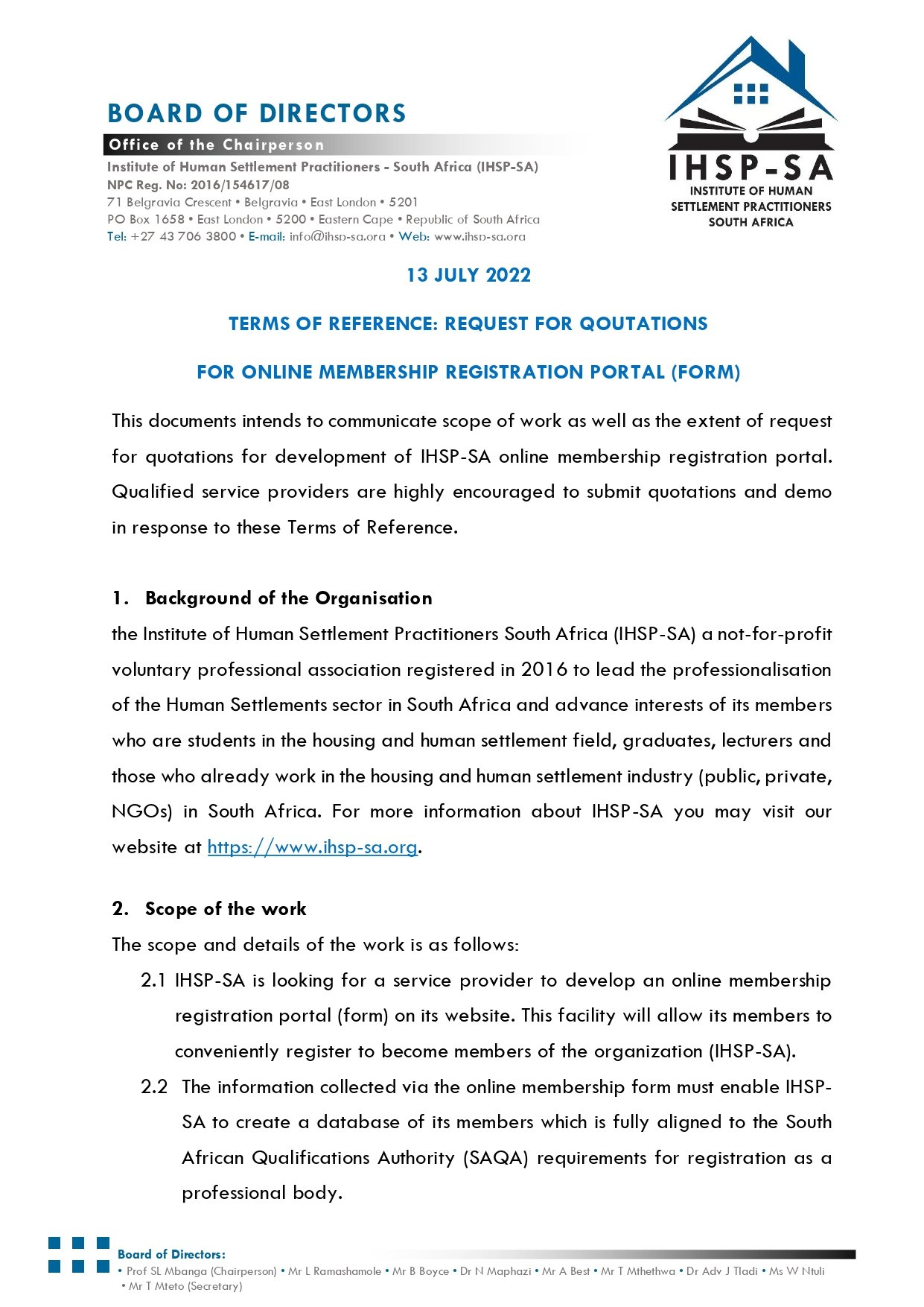 IHSP-SA is looking for a professional service provider to design and ...