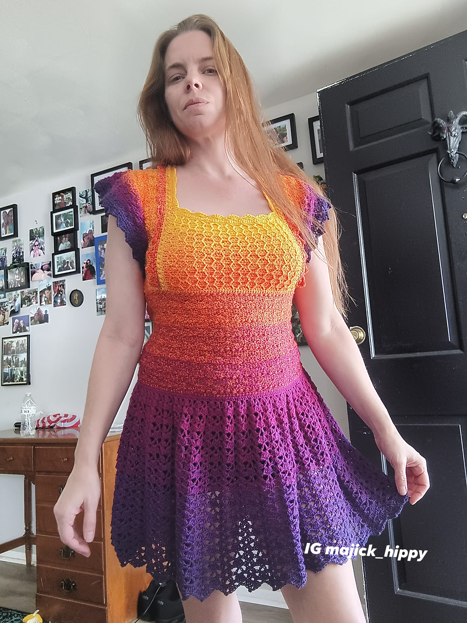 Completed Aviva dress crochet project with modifications