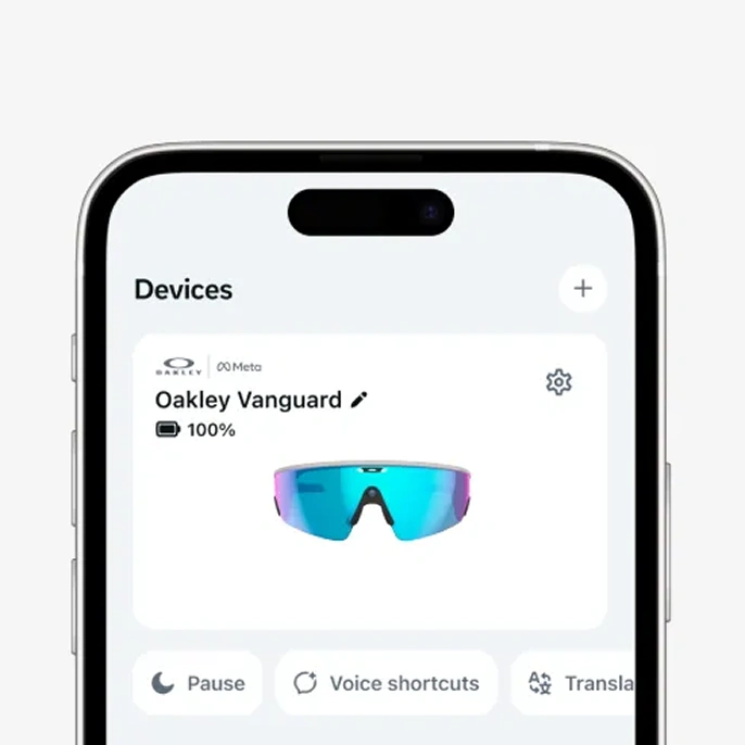 Close up of a mobile phone showing Oakley Meta Glasses paired with a smartphone app.
