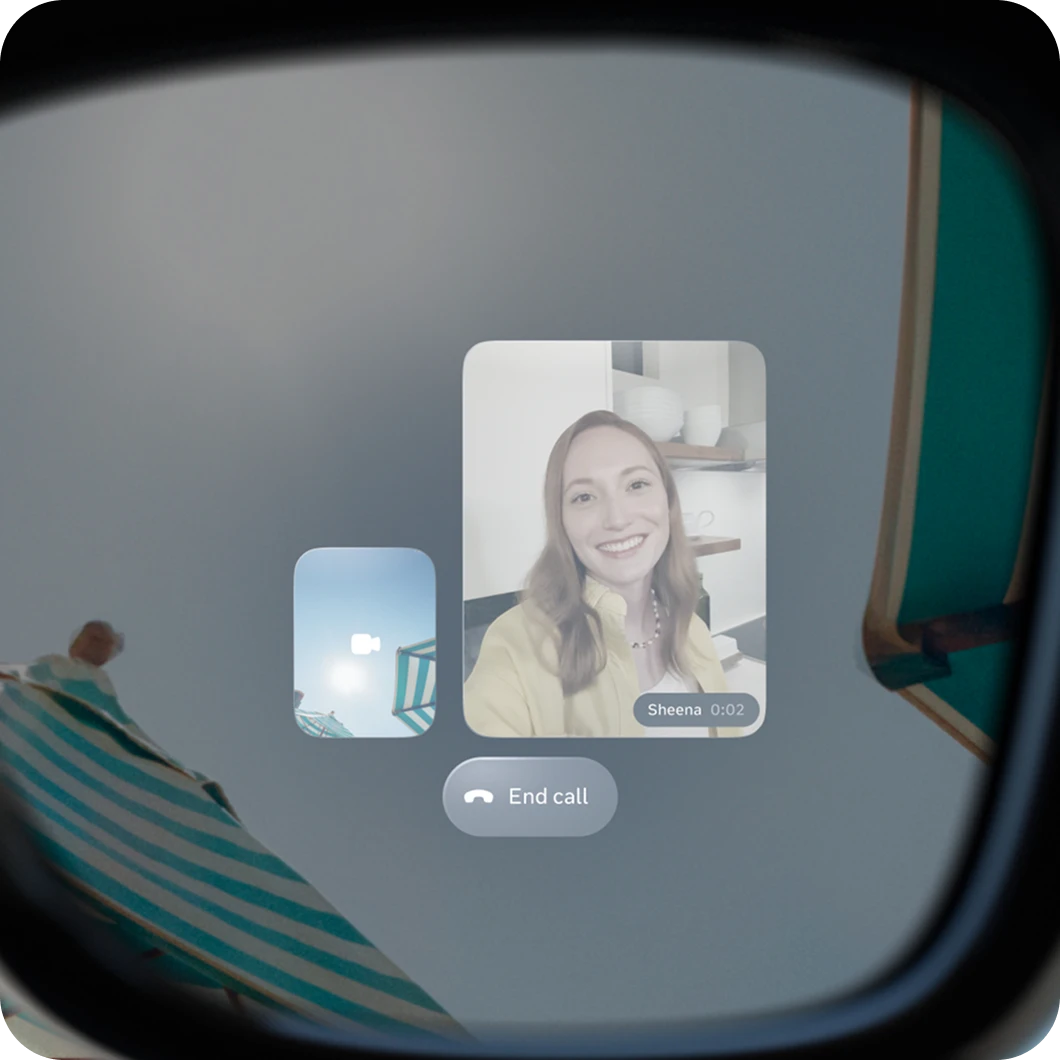 Point-of-view through Meta Ray-Ban Display glasses showing an in-lens video call with caller and end-call button.